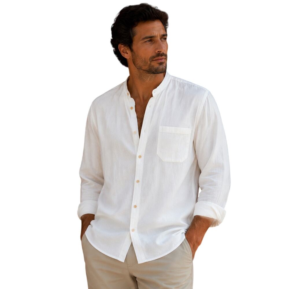 Chacras Ecuador Mens White Cotton Shirt Size L Handmade Band Collar Boho